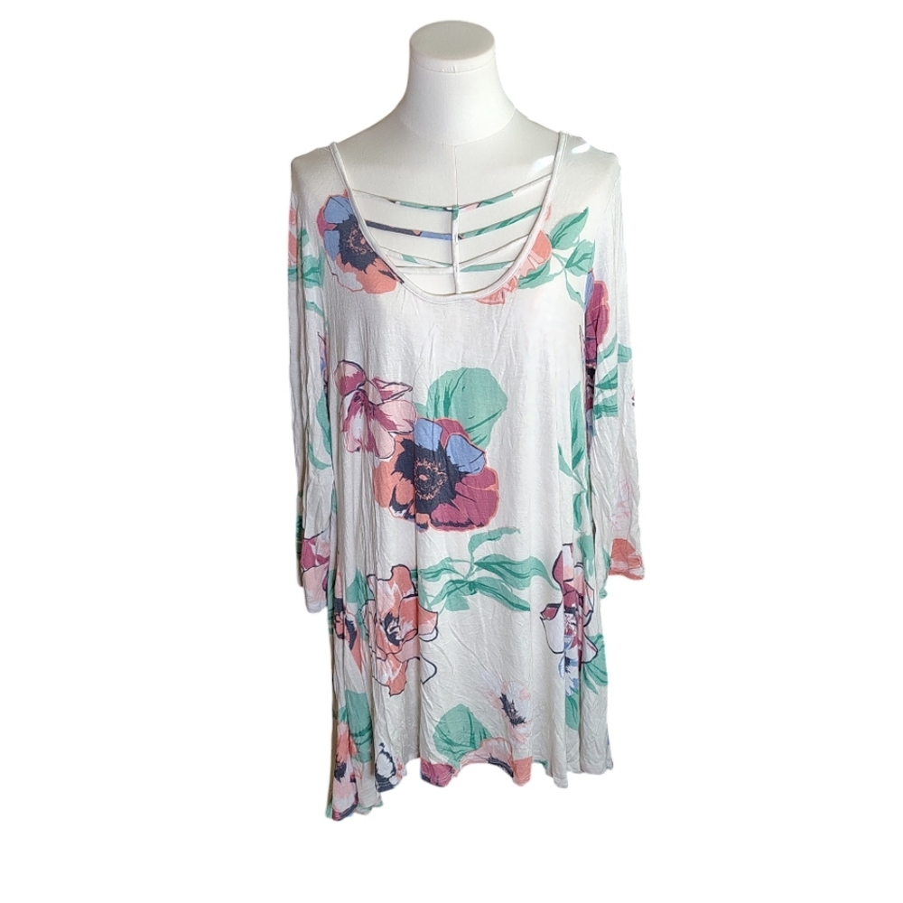 Myesper Strappy Asymmetrical Floral White Green Stretch Sleeved Dress Size 3X